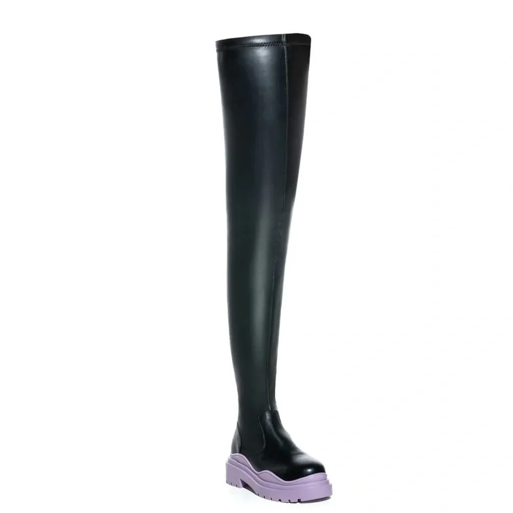 AZALEA WANG Black & Periwinkle Purple Thigh High Stretch Boots